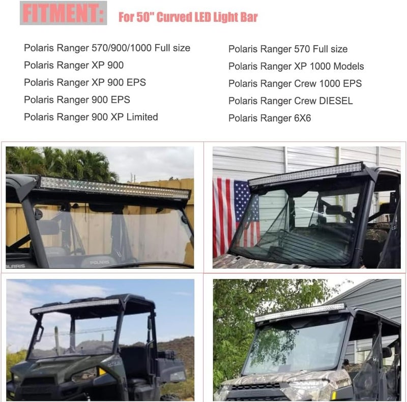 DarSeity Front Upper Roof Windshield Pro-fit Cage 50-52 inch Curved Light Bar Mount Brackets Compatible with Polaris Ranger 570 900 1000 XP 900 EPS - Image 2